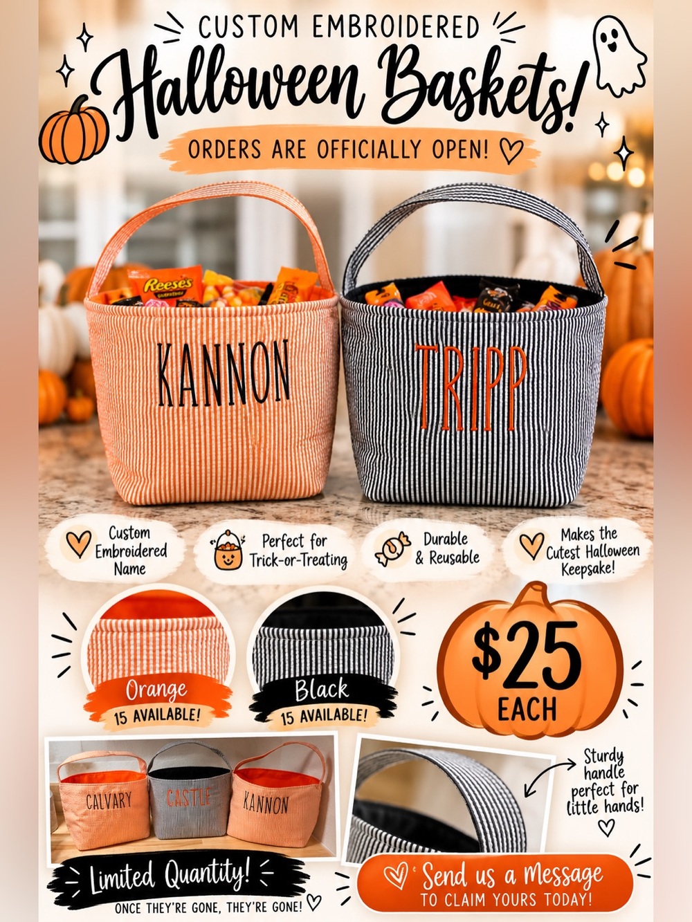 Custom Embroidered Halloween Basket - Orange & Black